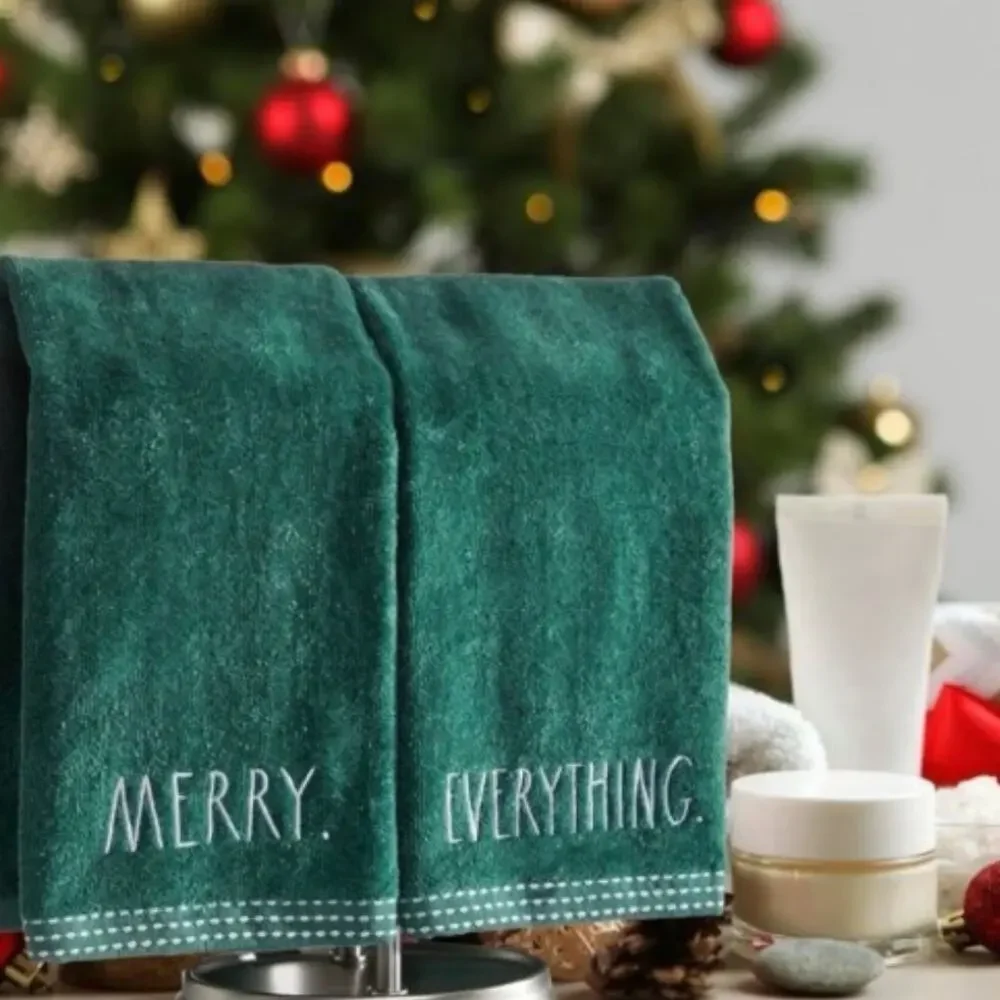 Rae Dunn Green Towels with White Embroidery 
